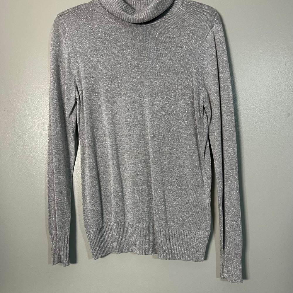 Joseph A Petite Silver Metallic Shimmer Turtleneck Sweater PM sparkle‎ party NYE